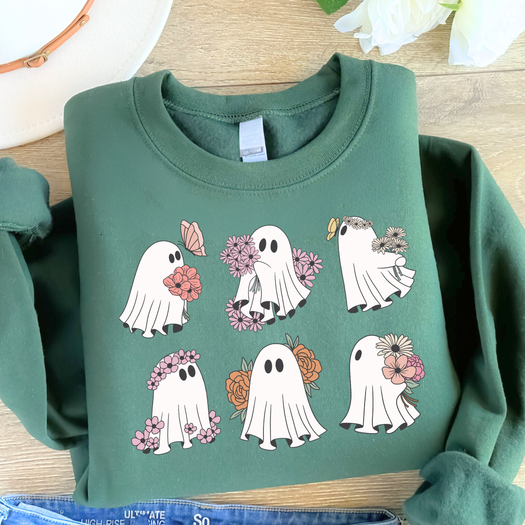 Ghost with Flowers Pullover Sweatshirt, Flowery Halloween Sweatshirt, Halloween Teacher gift, Ghost Crewneck