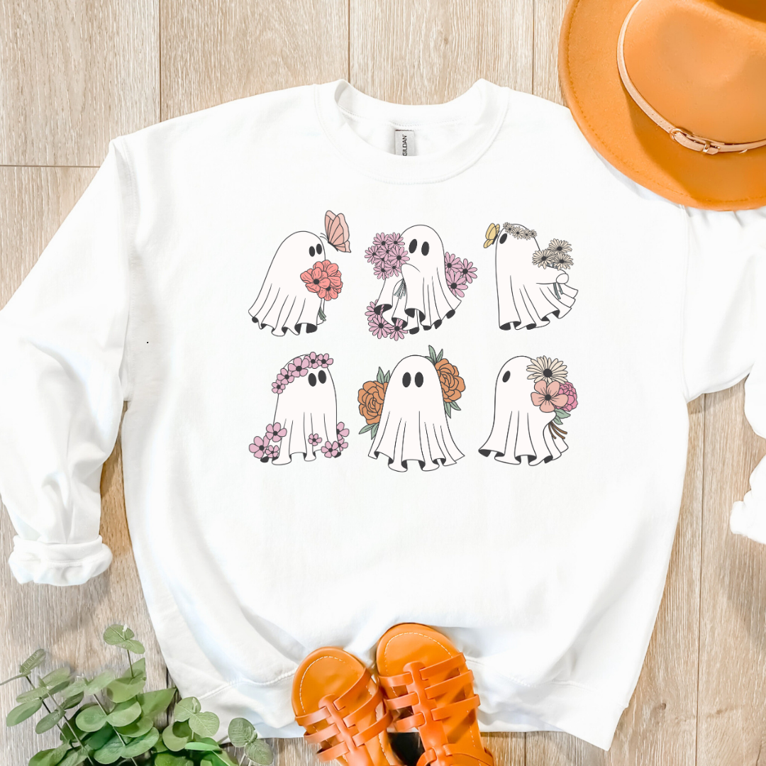 Ghost with Flowers Pullover Sweatshirt, Flowery Halloween Sweatshirt, Halloween Teacher gift, Ghost Crewneck