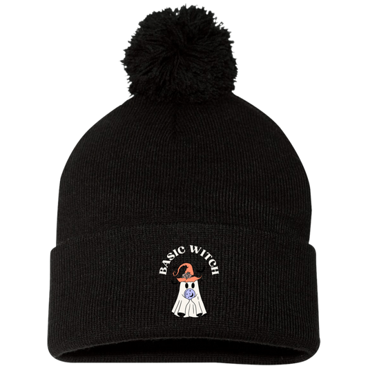 Basic Witch Embroidered Pom Pom Knit Cap